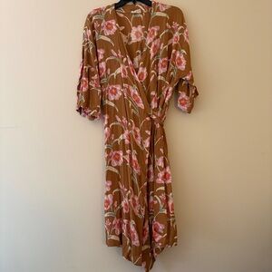 Roxy Brown Pink Floral Wrap Midi Dress Boho Beachy Vacation Resort Style M